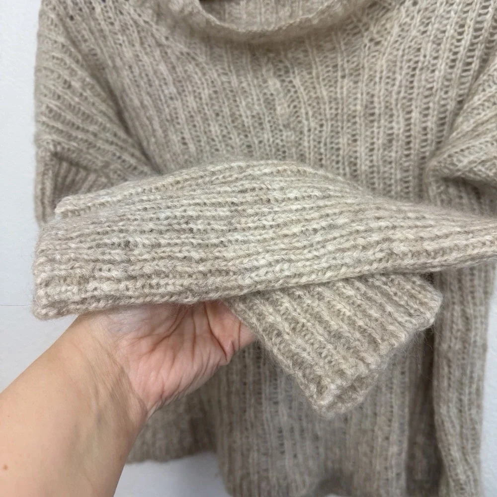 Eileen Fisher Open Knit‎ Mohair Turtleneck Mock Neck Hi Low Oatmeal Sweater Sz L